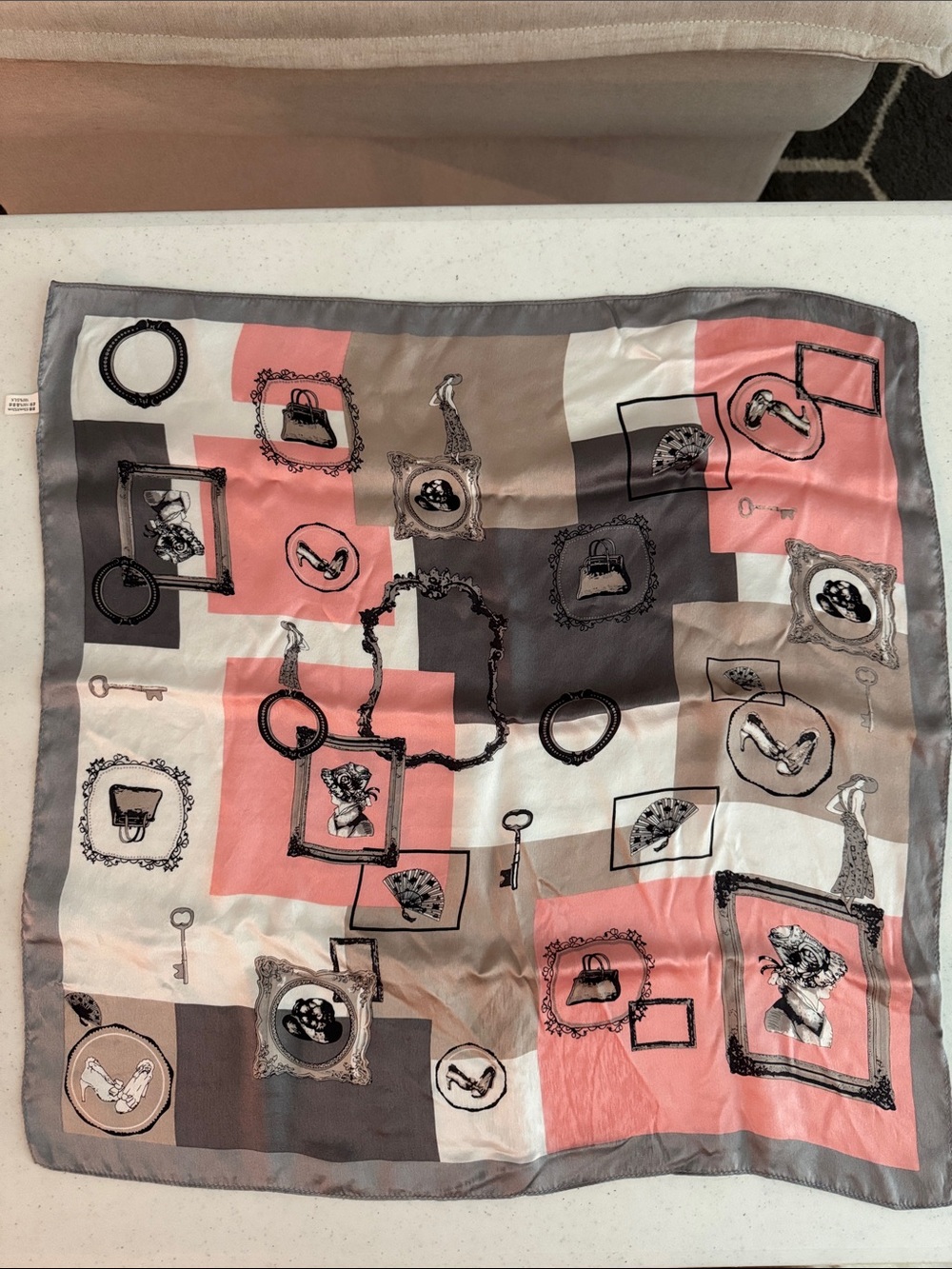 Designer-Inspired Pink and Gray Decorative Silk Scarf